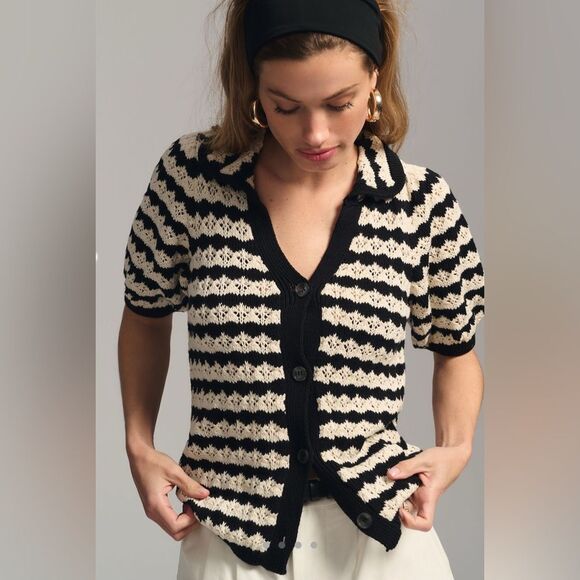 Anthropology Maeve Short-Sleeve Knit Polo Cardigan Sweater Top - Picture 1 of 10